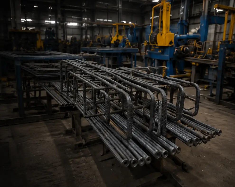 Fabricated rebar cages and assemblies in a steel fabrication shop