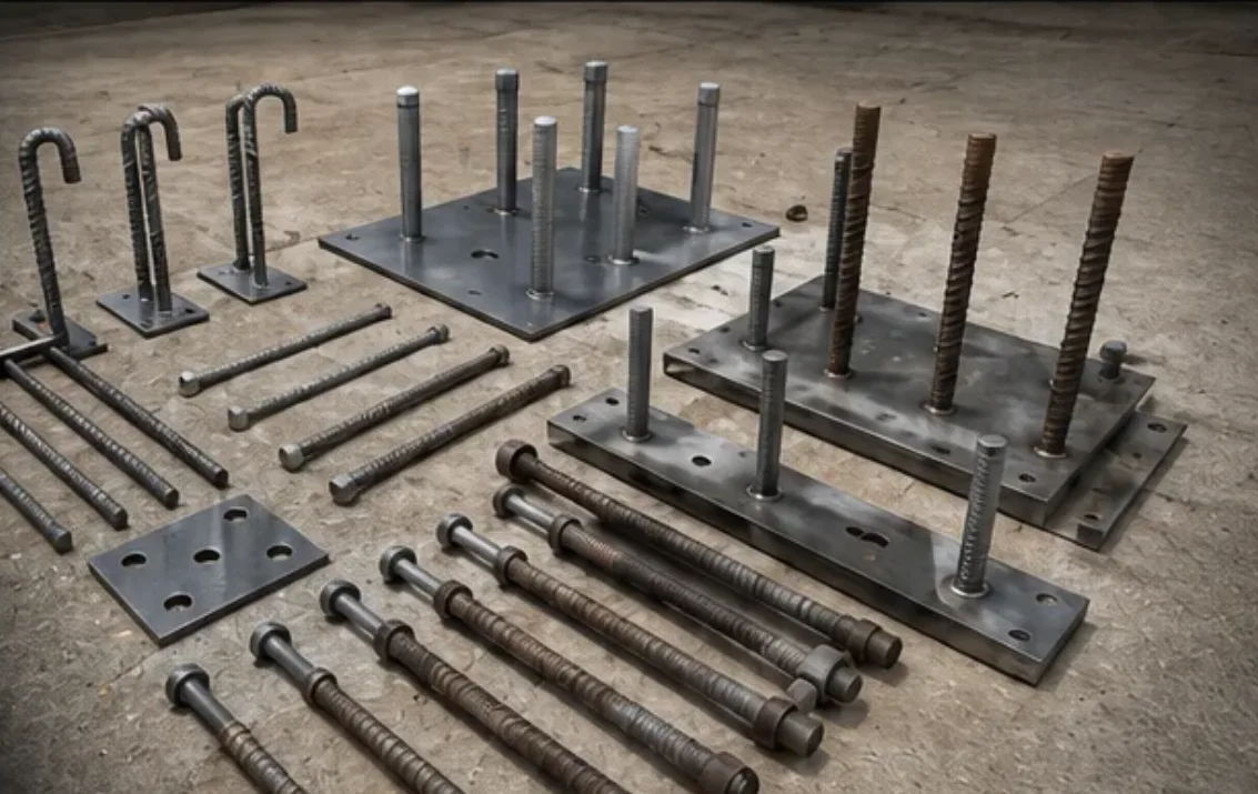 Assorted concrete embed plates, J-bolts, anchor bolts and rebar dowels laid out on a concrete floor