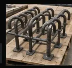 Rebar embed cages on a wood pallet