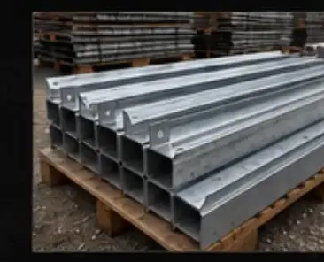 Galvanized lintels stacked on a pallet, angled view