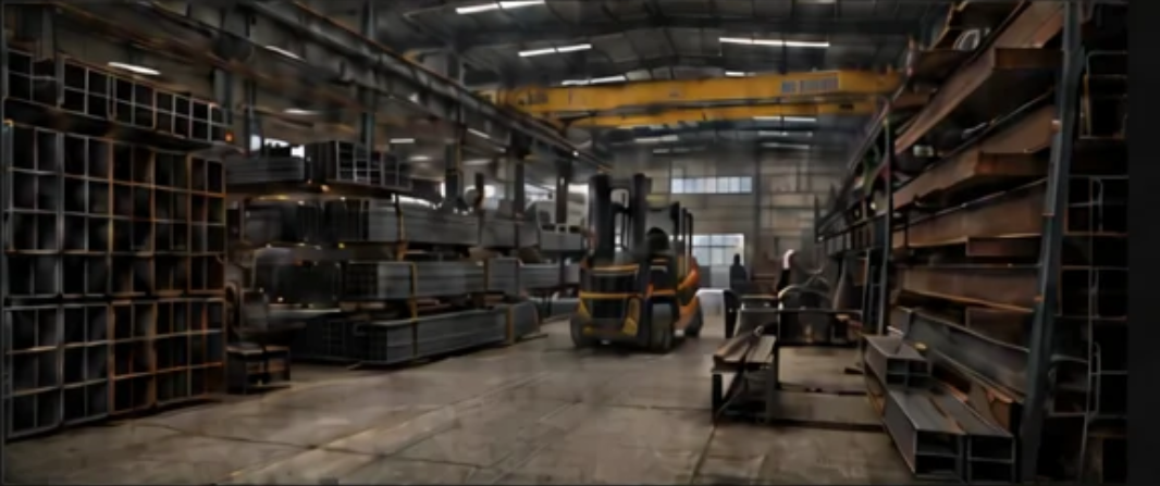 Warehouse interior with a forklift moving steel beams among stacked steel inventory