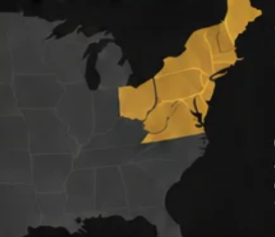 Map highlighting the New England, Mid-Atlantic, and Ohio service region