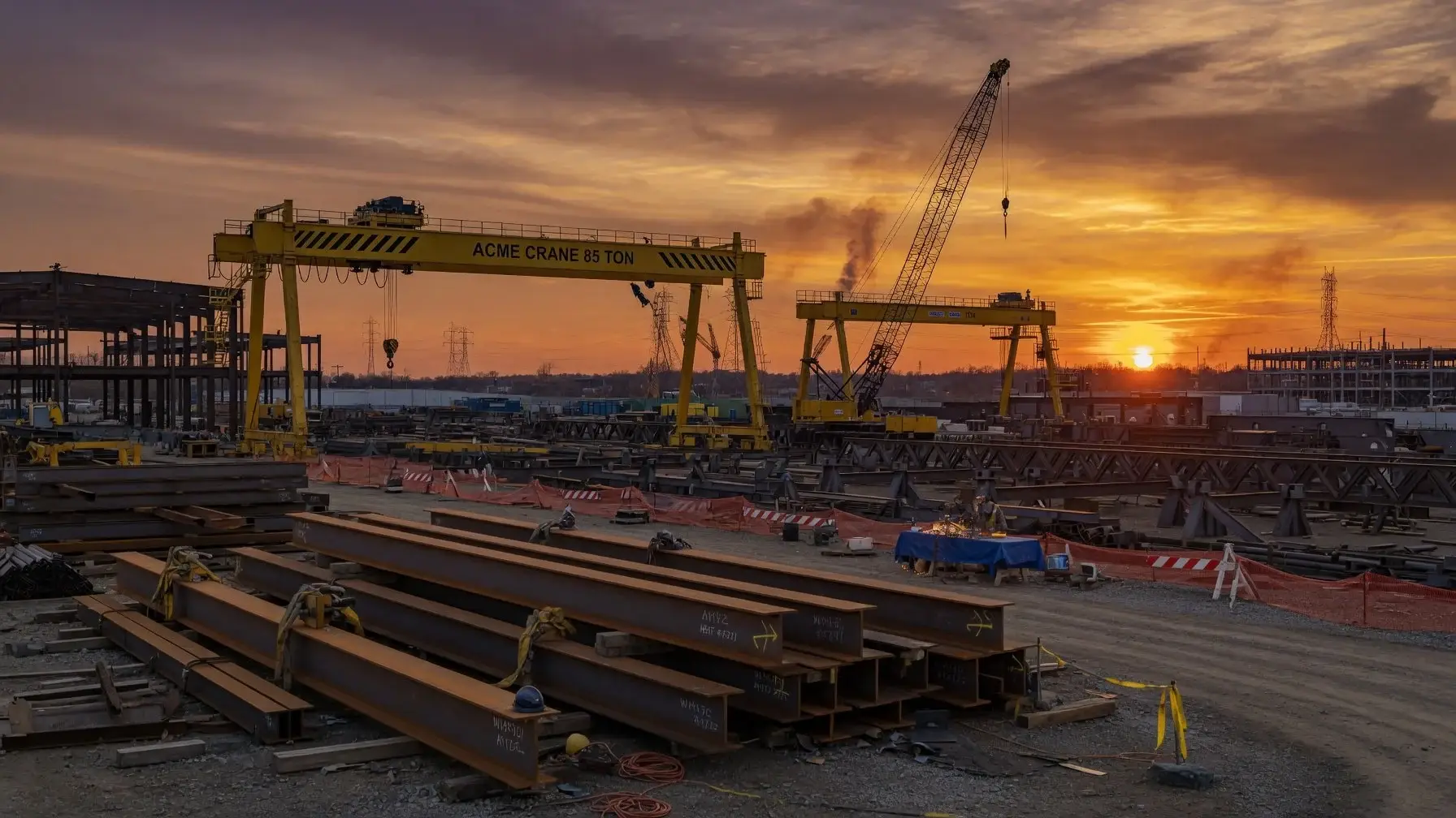 Steel beams at a construction site during sunset