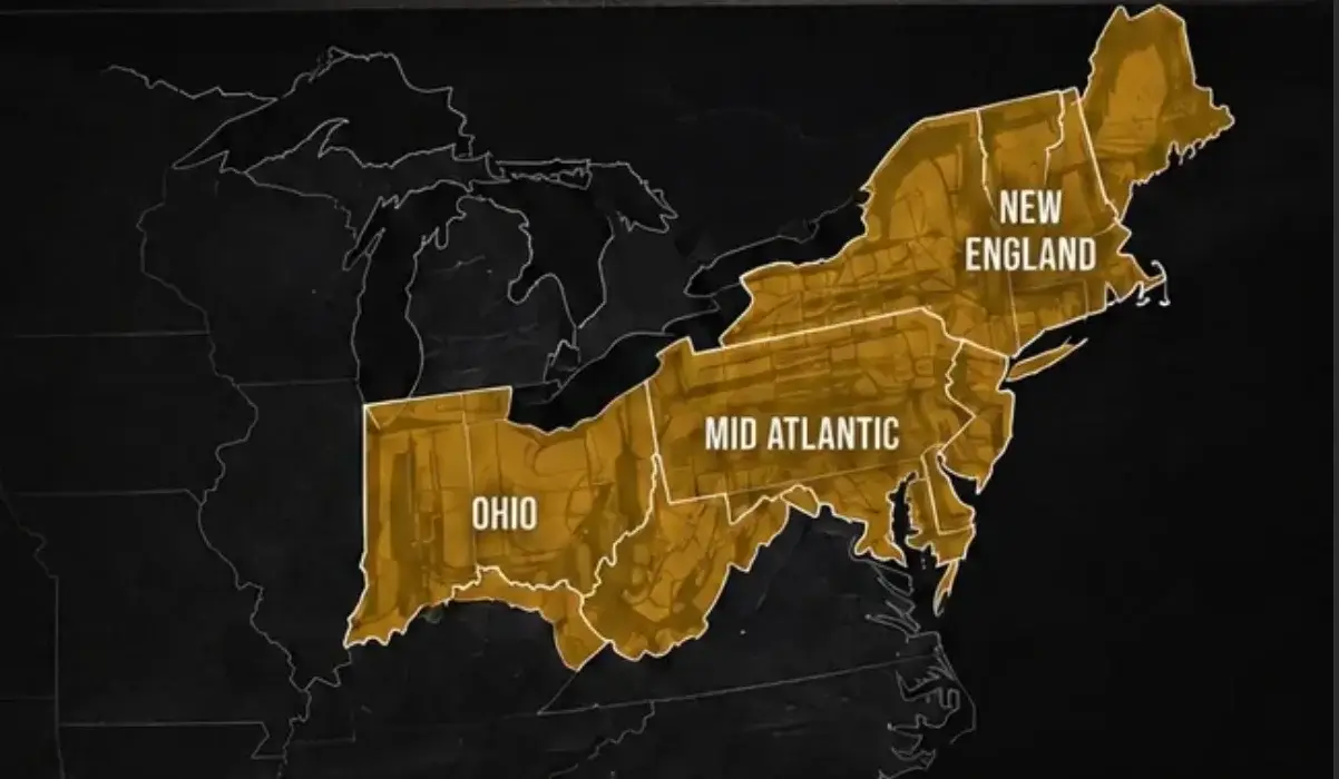 Map highlighting Black Bear Steel Supply's service area across Ohio, the Mid Atlantic, and New England